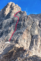 Base of roped climbing on Little Sister; red line shows ascent chimney