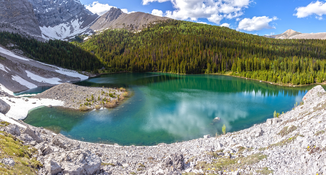 Panoramic View from Ridge above the Pass down Piper Creek Valley; Mt. Elpoca just right of center, Mt. Rae behind to the left