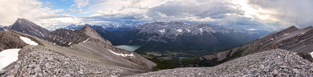 Panoramic View from Ridge above the Pass down Piper Creek Valley; Mt. Elpoca just right of center, Mt. Rae behind to the left
