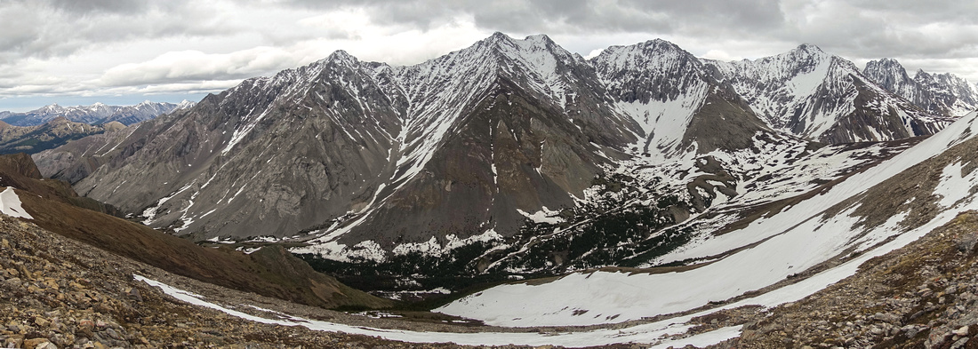 Panoramic View from Ridge above the Pass down Piper Creek Valley; Mt. Elpoca just right of center, Mt. Rae behind to the left