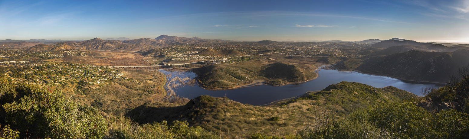 Panoramic view SE across Lake Hodges and San Dieguito River Park from summit of Bernardo Mountain
