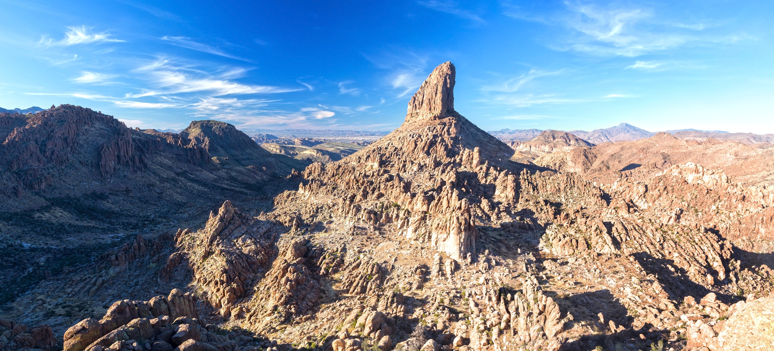 Panoramic view of Weavers Needle and Superstition Wilderness from viewpoint at end of Fremont Plateau