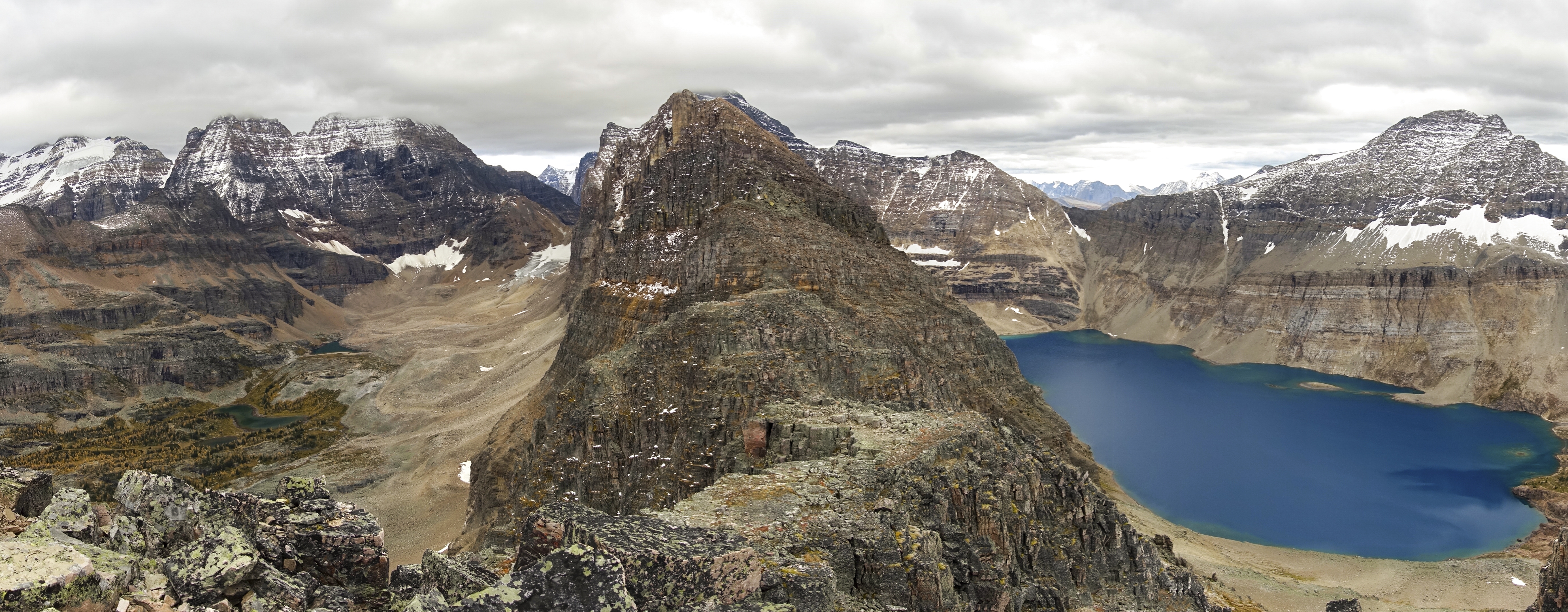 Panoramic view from Mt. Schaffer, looking south at first part of Biddle Horseshoe.  Lake McArthur right with Park Mountain above, Opabin Plateau left