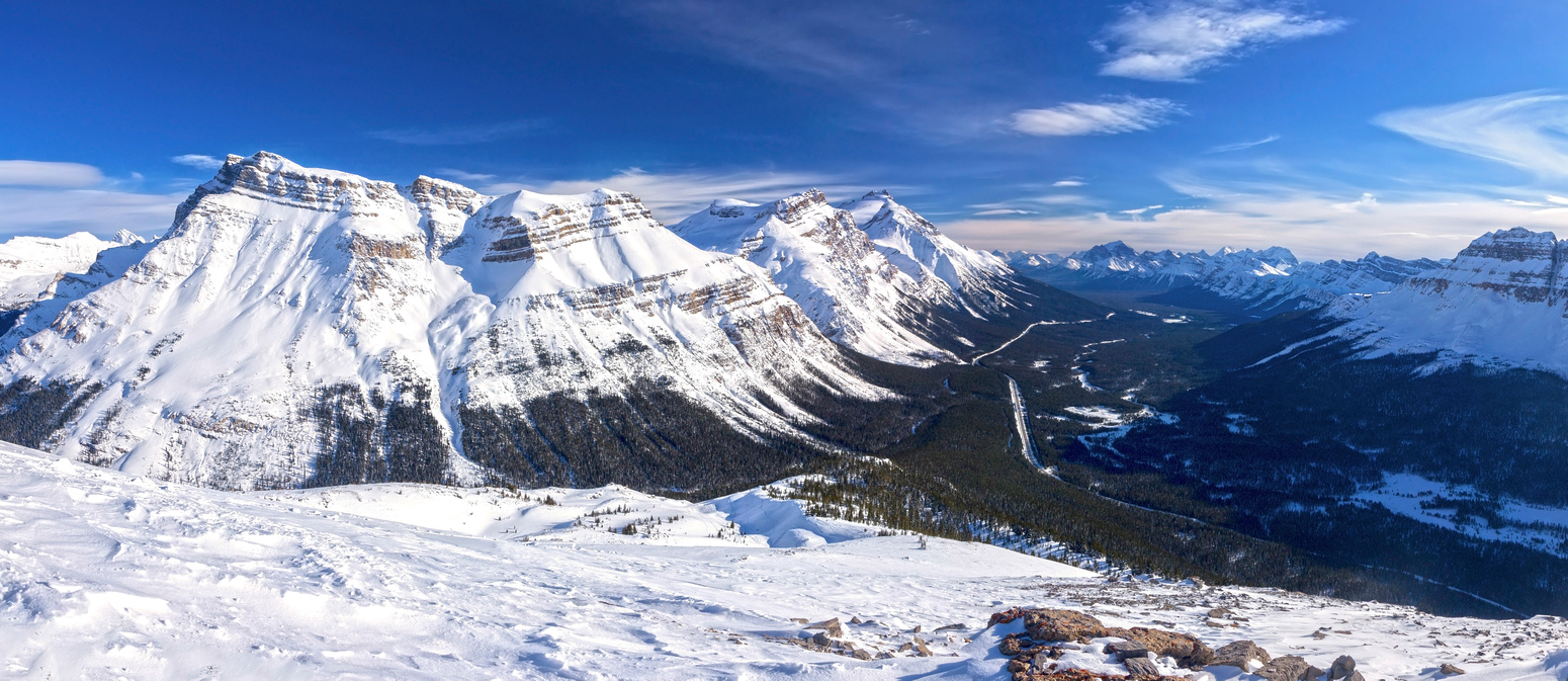Icefields Corridor from upper slopes of Dolomite Shoulder.  Noseeum Peak left,  Andromache and Hector behind