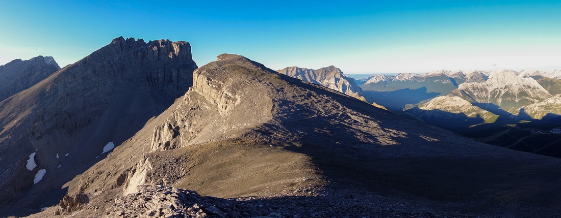 Panoramic view east from Snow Peak summit.  Burstall Pass environs lower right, Sir Douglas above.