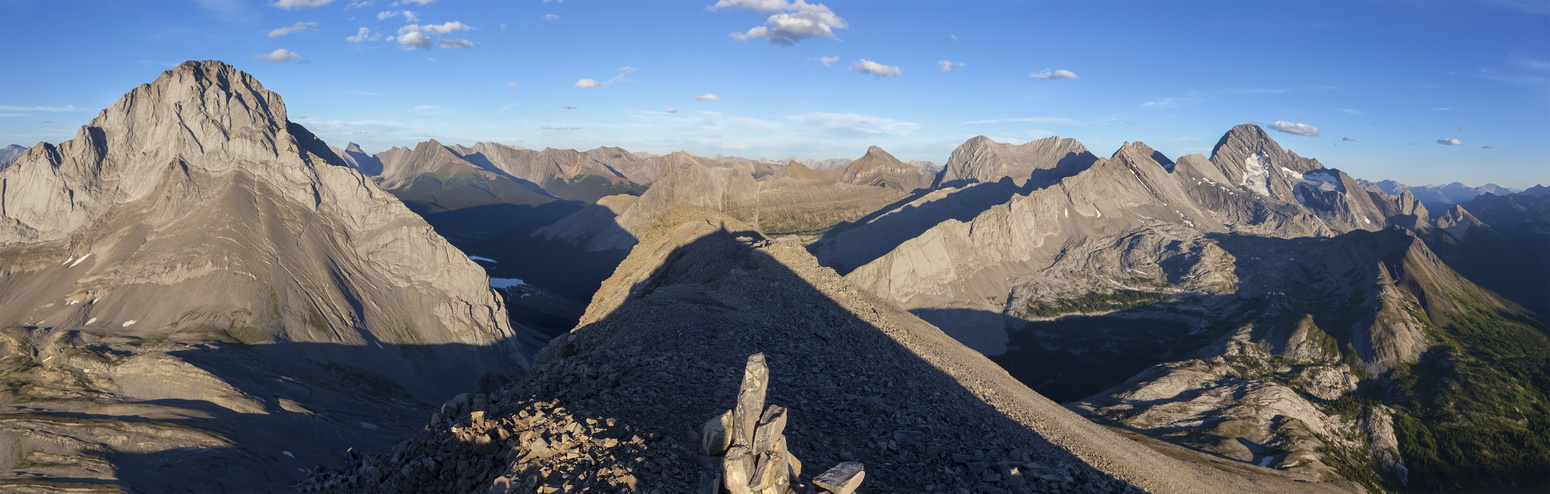Panoramic view east from Snow Peak summit.  Burstall Pass environs lower right, Sir Douglas above.