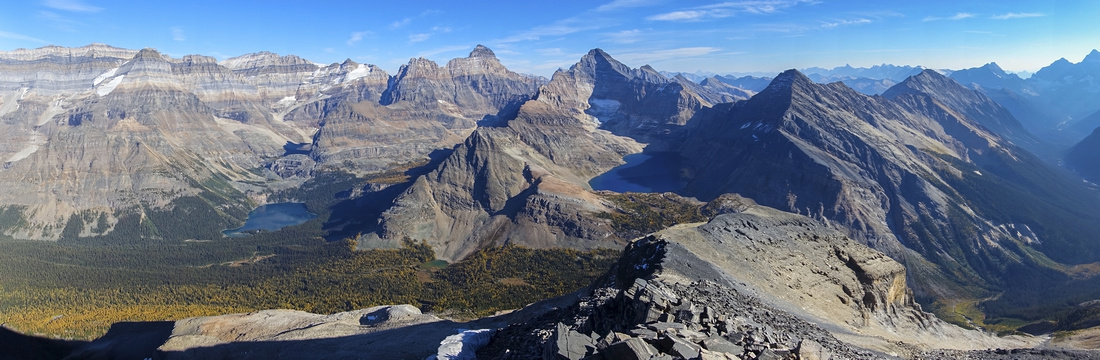Panoramic view from Mt. Schaffer, looking south at first part of Biddle Horseshoe.  Lake McArthur right with Park Mountain above, Opabin Plateau left